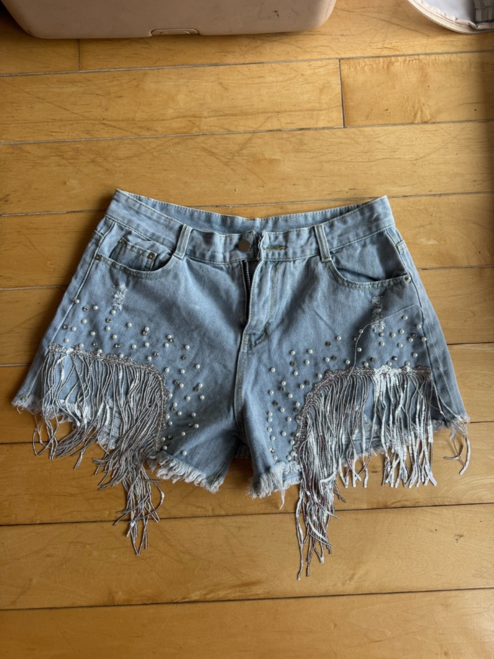 Glitter Sequin Rhinestone Pearl High Wasted Denim Jean Shorts